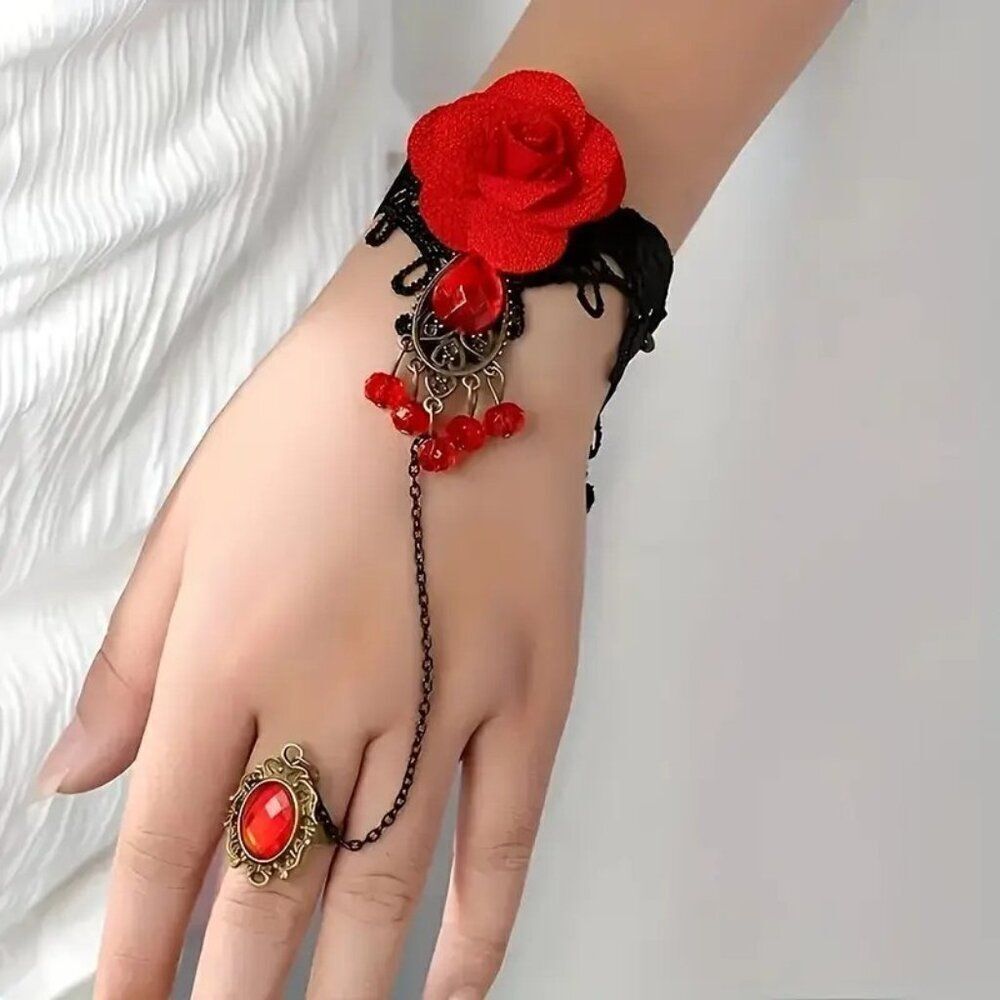 Vintage Red Rose Lace Fingerless Glove Bracelet with Black Lace & Red Beads